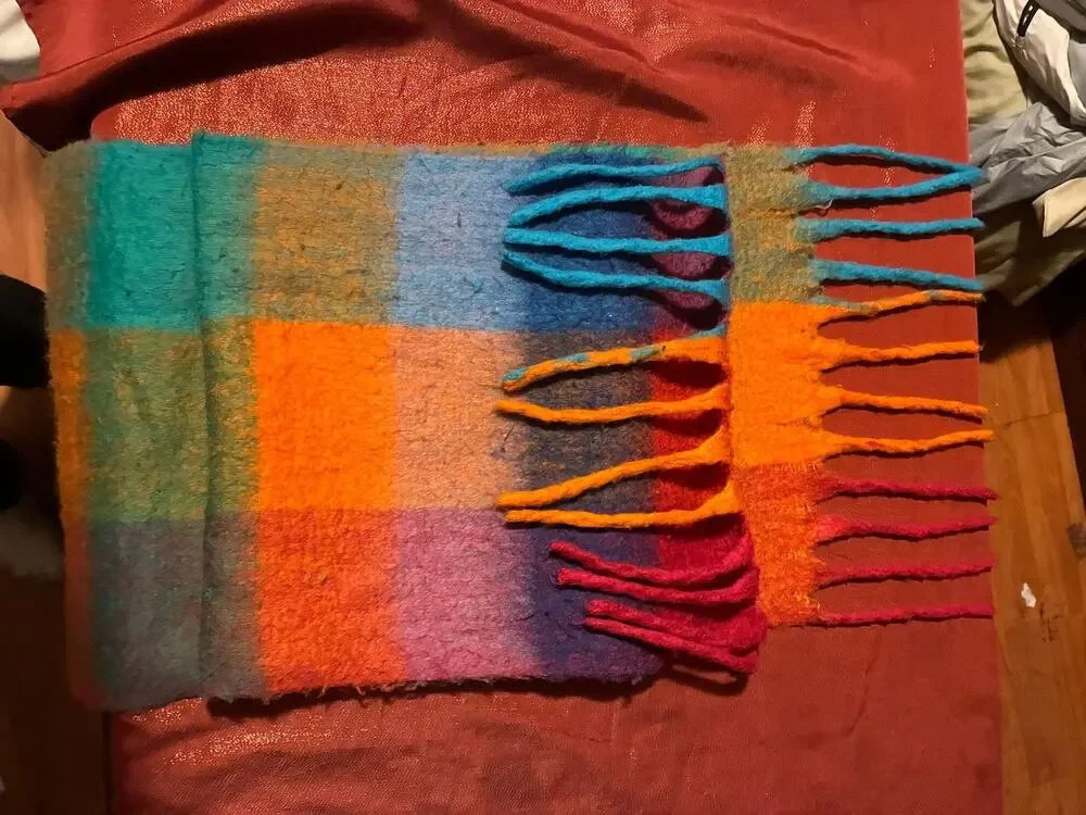 Fuzzy Plaid Scarf Womens One Size Fringe Multicolor Cozy Wrap